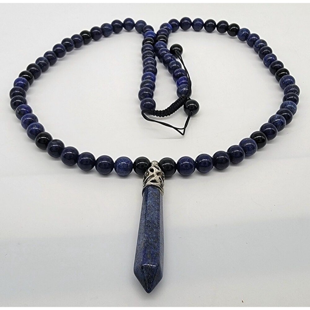 Blue & Black Beaded Necklace Pendant Silver Tone Drop Adjustable Cord Vintage